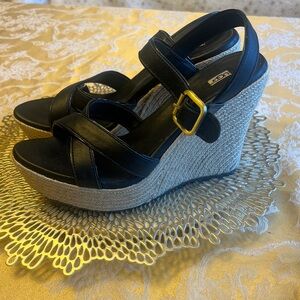 UGG Black Leather Espadrille Wedge Sandals with Gold Buckle
